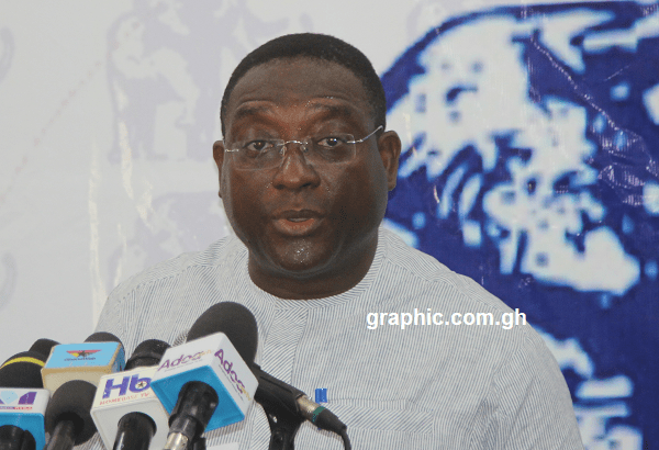 Mr Yaw Buaben Asamoa addressing  journalists at the press conference in Accra