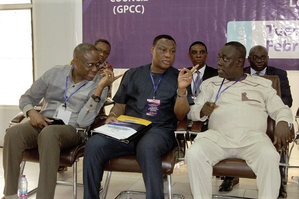 Rev. Prof. Paul Frimpong-Manso, President, Assemblies of God (right) interacting with Apostle General Rev Sam Korankye Ankrah (middle), General Overseer, Royalhouse Chapel International and Apostle Dr. Aaron Ami-Narh (left), President, The Apostolic Church, Ghana