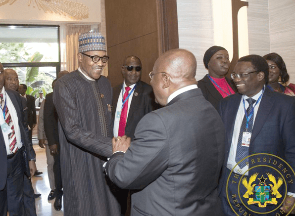  President Akufo-Addo exchanging greetings with President Buhari during one of the sessions of the African Union meeting in Addis Ababa