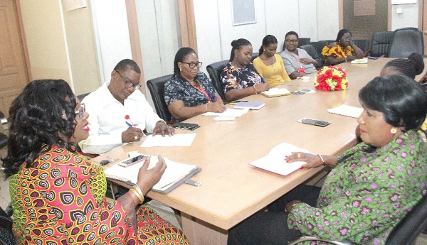 Mrs Mavis Kitcher (left) addressing Mrs Emma Mitchell (right) and the delegation from the Dr Robert Mitchell Memorial Foundation. With them are some members of the Graphic Editorial team. Picture: EDNA SALVO-KOTEY