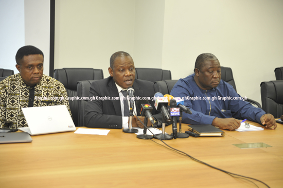 Dr Patrick Kuma-Aboagye (middle) speaking on the national surveillance programme on coronavirus. With him are Dr Yaw Adusei-Poku (left), Programme Manager, National TB Programme, and Dr Badu-Sarkodie, Director, Public Health, GHS