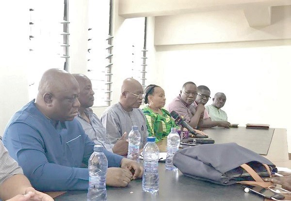 Ms Lulu Xingwana (4th left), the South African High Commissioner to Ghana, addressing the media. Third right is the Programmes Director of Transnet, Wilson Mogoba