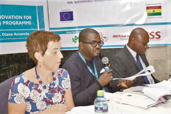 Mr Charles Adu Boahen (middle), a Deputy Minister of Finance, launching the CSO-RISE programme. With him are Ms Diana Acconcia (left), Head of the EU Delegation in Ghana, and Mr Ebenezer Nortey (right), Head of the EU Unit at the Ministry of Finance. Picture: EBOW HANSON