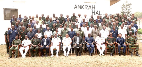 Rear Admiral Moses Beick-Baffour (6th left), Commandant, Ghana Armed Forces Command & Staff College Mr Thomas K. Alonsi (6th right), Director General, Ghana Maritime Authority, Air Commodore Isaac Wayoe (5th right), Deputy Commandant, GAFCSC with some senior officers and participants.