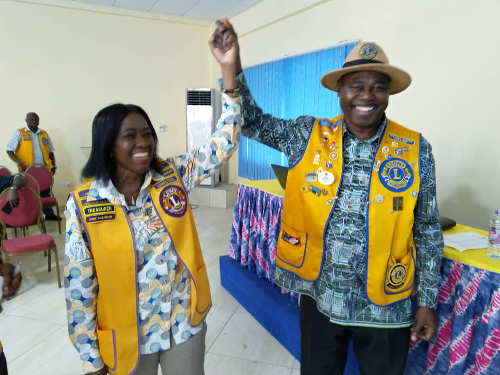 Lion Dr Kwaku Mensa Bonsu (right), current District Governor of District 418 of Lions Clubs International, introduces Lion Helen Maku Obeng (left), District Governor Elect, for 2020-2021 Lions Service Year
