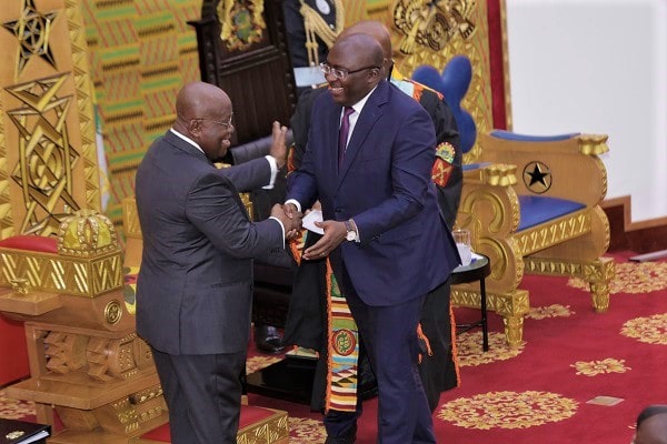 President Akufo-Addo being congratulated by Vice-President Dr Mahamudu Bawumia after the former's address to Parliament. Picture: SAMUEL TEI ADANO