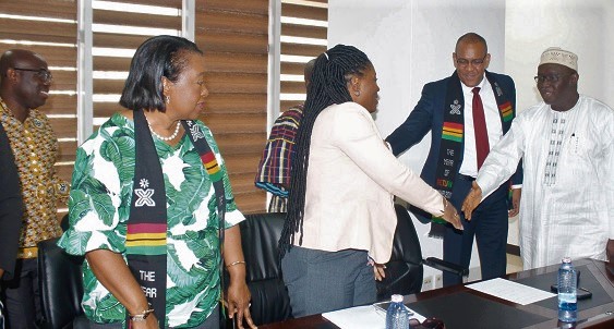 Mr Kofi Adda (right), Minister of Aviation, welcoming Mrs Tracey Forde-Bailey (2nd left), Director of Civil Aviation, Barbados Civil Aviation Department, to his office. Looking on are Mrs Donna Cadogan (left), Permanent Secretary, Tourism and International Transport, Barbados, and Mr Kerrie D. Symmonds (2nd right), Minister of Tourism and International Transport, Barbados.