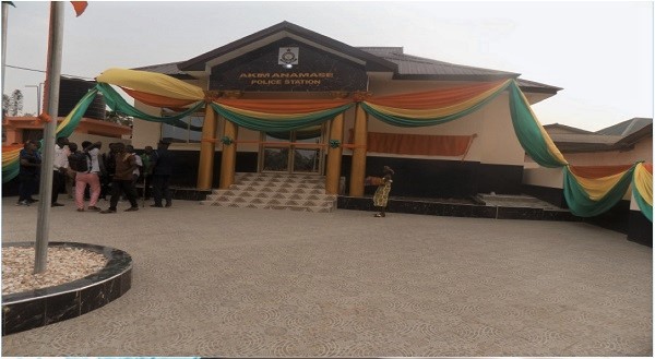 The front view of the new police station INSET:  Mr Osafo-Maafo delivering his address at the function