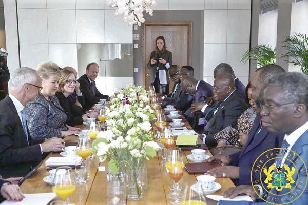 President Akufo-Addo (arrowed) and his entourage holding discussions with the Norwegian Prime Minister, Erna Solberg (2nd left) 