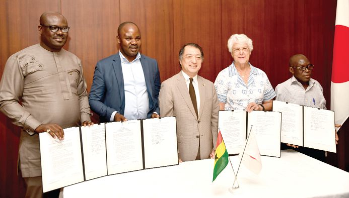  Mr Tsutomu Himento (middle) and the recipients.  From left: Mr Daniel Akuffo, Mr Justice Ofori Amoah, Sister Elizabeth Newman and Mr Anthony Kwame Adanua. Picture: EBOW HANSON    