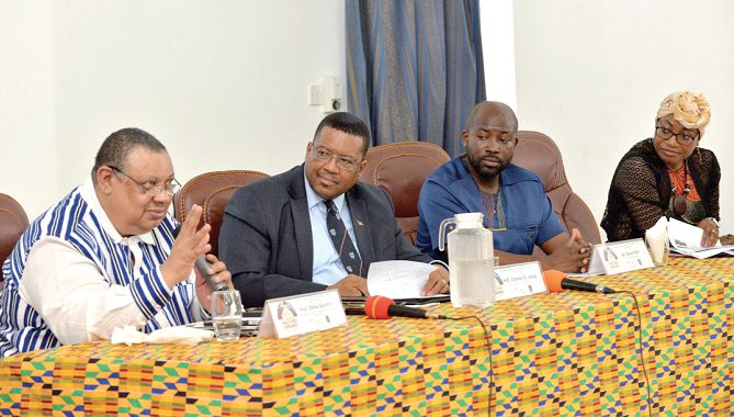 Prof. Chris Gordon (left) responding to a question at the event. With him are Mr Charles Josob (2nd left), Namibian High Commissioner to Ghana; Mr Senyo Hosi (3rd left), and Dr Fatima Denton, Director, United Nations University Institute for National Resources in Africa. Picture: Maxwell Ocloo