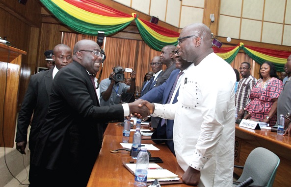 Vice President Dr Mahamadu Bawumia, interacting with some regional directors of the road sector after delivering his address at the road retreat in Accra
