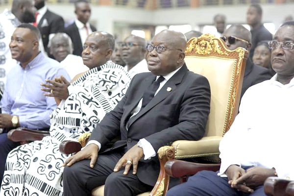 President Akufo-Addo, Dr Owusu Afriyie Akoto (right), Mr Simon Osei Mensah, the Ashanti Regional Minister (3rd left), Mr Bernard Antwi-Boasiako (left), Asanti Regional Chairman of the New Patriotic Party and some party and government officials at the funeral of the late Mrs Joyce Obeng