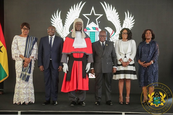 Justice Kwasi Anin Yeboah (3rd left), the new Chief Justice, flanked by President Nana Addo Dankwa Akufo-Addo and Vice-President Mahamudu Bawumia (2nd left). With them are Justice Georgina Theodora Wood (right), a former Chief Justice, Justice Sophia Akuffo (left), the immediate past Chief Justice, and Mrs Gloria Akuffo, the Attorney General and Minister of Justice, after the swearing-in ceremony