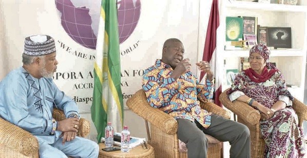 Mr Kwesi Quartey (middle) Deputy Chairperson of the AU making a point at the meeting with DAF. With him are Dr Erleka Bennet (right) Head of Mission at DAF and Rabbi Kohain Halevi, Convenor of the Diaspora Foundation. 