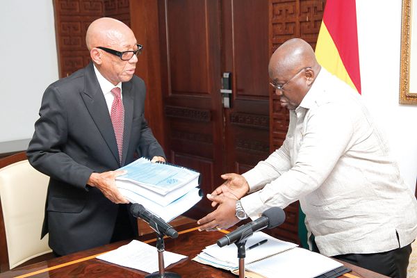 FLASHBACK: President Akufo-Addo (right) receiving the report on the Ayawaso West Wuogon Commission of Enquiry from Mr Emile Short at the Jubilee House in Accra. Picture: SAMUEL TEI ADANO