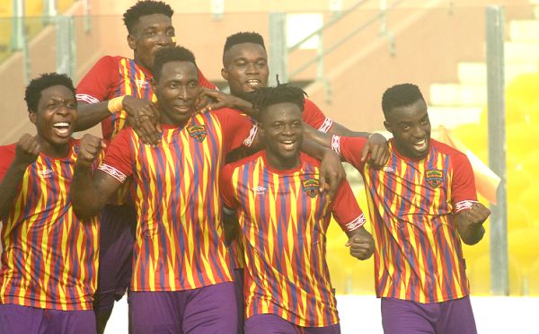 Hearts players celebrate their first win of the season. Picture: PAA KWESI GRANT