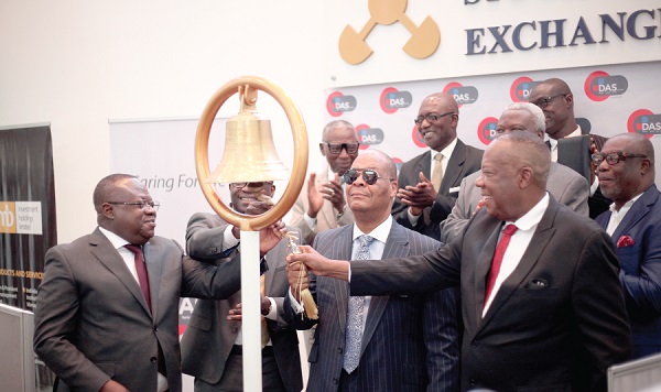  Mr Anselm Ray Sowah (middle), Managing Director, GCB, together with Mr Nik Amarteifio (2nd right), Mr Ekow Afedzie (left), and some members of the GSE Council during the tolling of bell to signify trading od DAS Pharma.