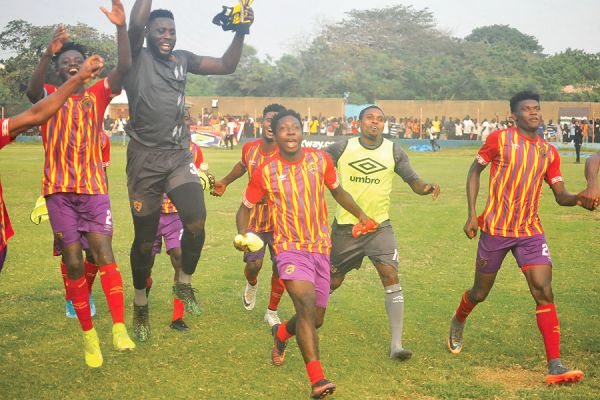 Goal keeper Richard Atta of Accra Hearts of Oak (2nd left) joins his mates to celebrate their victory over Liberty Professionals at the Carl Reindorf Park yesterday. Picture: Gabriel Ahiabor