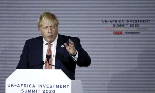 Boris Johnson addressing more than two dozen African leaders at UK-Africa investment summit in London. He said Brexit was ‘a new start’ for UK and for trade with other nations Photograph: Henry Nicholls/AP