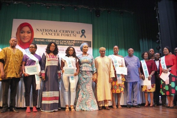 Mrs Samira Bawumia (5th left), Mrs Cynthia Morrison (3rd left), Minister for Gender, Children and Social Protection; Mr Alexander Abban (3rd right), Deputy Minister of Health; Dr Ali Samba (6th left), Director of Medical Affairs, Korle Bu Teaching Hospital (KBTH), and Dr Patrick Aboagye (left), Director-General, Ghana Health Service, and some ambassadors of cervical cancer after the forum. Picture: EDNA SALVO-KOTEY