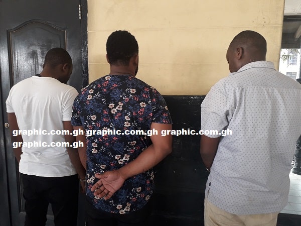 The three suspects at the Accra Regional Police Command after their arrest.