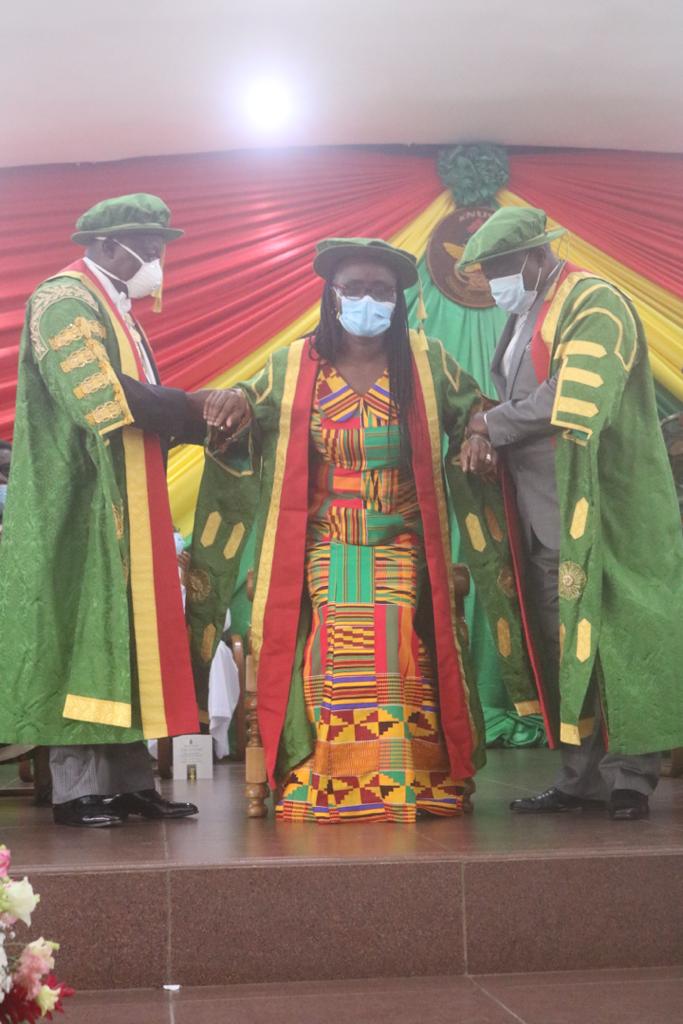 The Chancellor of the KNUST and the Asantehene, Otumfuo Osei Tutu II (left) and Ambassador Nana Effah-Apenteng (right), Chairman of KNUST Council symbolically placing Professor Mrs Rita Akosua Dickson (middle) on the seat as the new Vice-Chancellor of the KNUST. PICTURES BY EMMANUEL BAAH