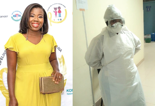 Dr Hilda Boye (left) and in full personal protective gear for COVID-19 duties (right)