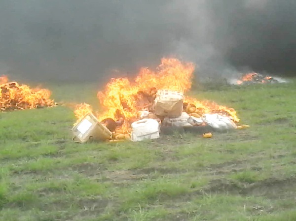 The drugs being burnt at the Bundase Military Training Camp