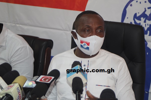 Mr John Boadu, the General Secretary of the NPP, addressing the press conference in Accra. Picture: GABRIEL AHIABOR