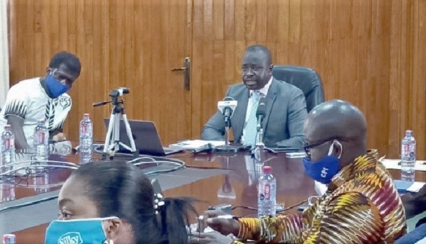 Prof. Samuel Kobina Annim (arrowed), Government Statistician, at the press conference in Accra  
