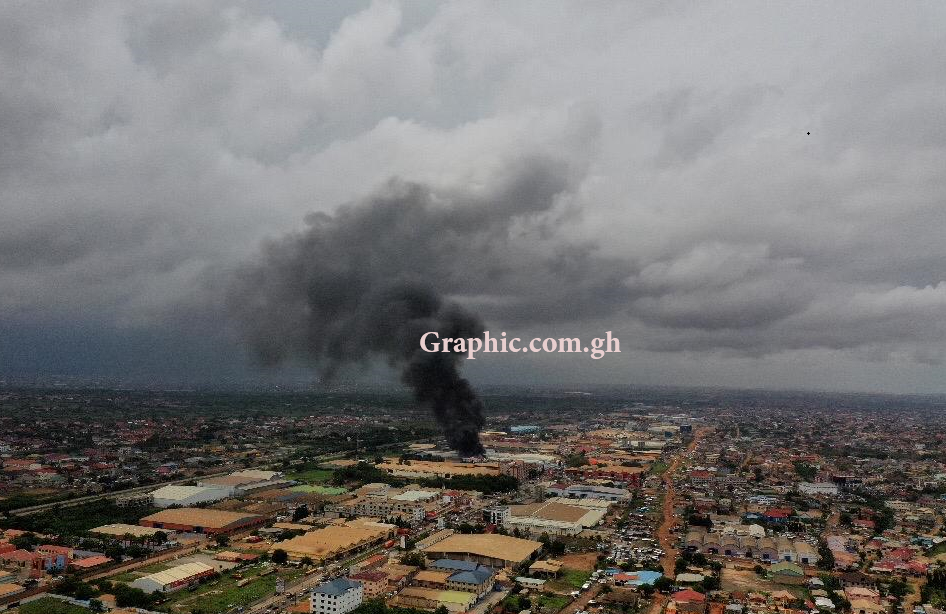 Fire guts KGM Industries on the Spintex road in Accra. PHOTO CREDIT: Ali Mdaihli