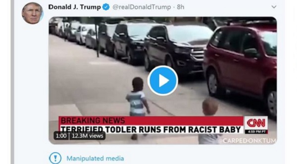 The president's tweet is now annotated with a warning about the edited video