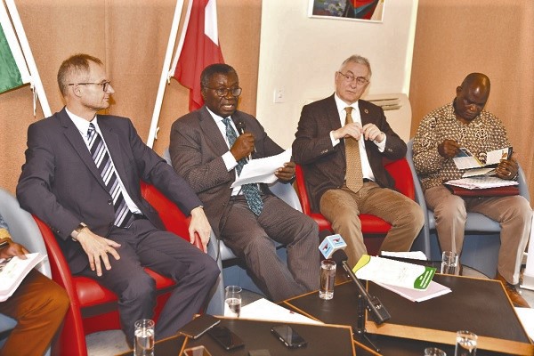 Prof. Kwabena Frimpong-Boateng (2nd left), Minister of Environment, Science, Technology and Innovation, delivering his address at the launch of the WRF 2020 and the Phase II of the SRI programme in Ghana. With him are  Mr Philipp Stalder (left), the Swiss Ambassador to Ghana, Mr Bruno Oberle (2nd right), President of WRFA, and Mr John Pwamang (right), Director, EPA. Picture: EBOW HANSON