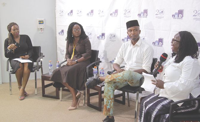 Professor Audrey Gadzekpo (right), Dr Ama Opoku-Agyemang  (2nd left), Mr Kobina Ankomah-Graham and Miss Jemila Abdulai in a discussion on feminism in Ghana at the Centre for Democratic Development, Ghana. Picture: PAA KWESI GRANT