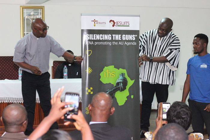 Rev Father Charles Chilufya (left) with the Minister of Information, Mr Kojo Oppong Nkrumah launching the campaign 