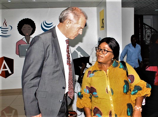 Rev Dr Comfort Asare (right), Director of Gender, Ministry of Gender, Children and Social Protection and Mr Andrew Barnes, Australian High Commissioner to Ghana, interacting after the International Women’s Day Dialogue.