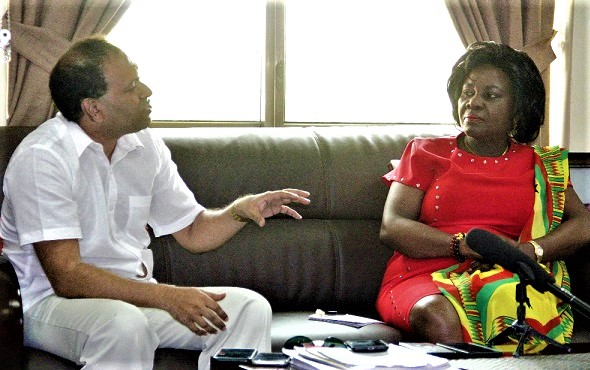 Mr Sugandh Rajaram (left), Indian High Commissioner to Ghana, explaining a point to Ms Cecilia Abena Dapaah, during the meeting in her office.