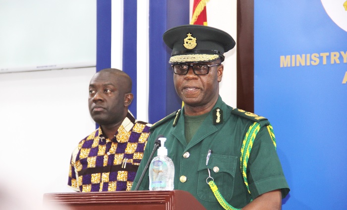 Mr Laud Ofori Affrifah (right) briefing the press. With him is Mr Kojo Oppong Nkrumah, Minister of Information