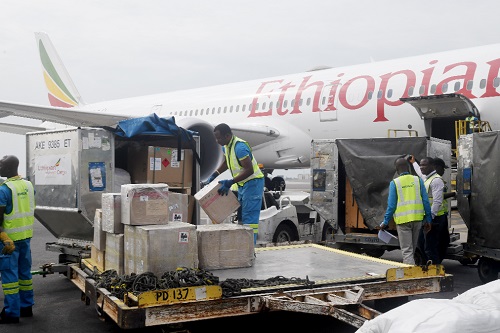 The medical supplies being offloaded from the Ethiopian Airlines plane.