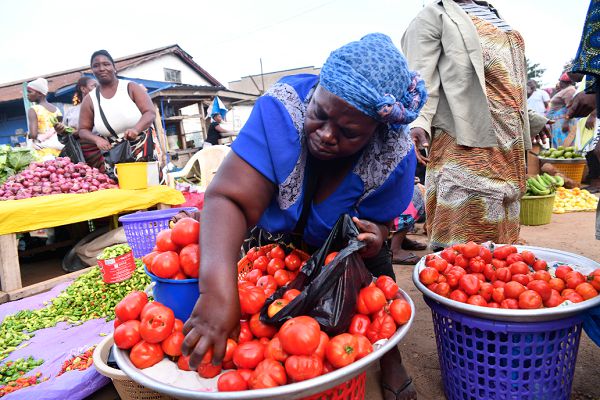 A tomatoes seller serving a customer