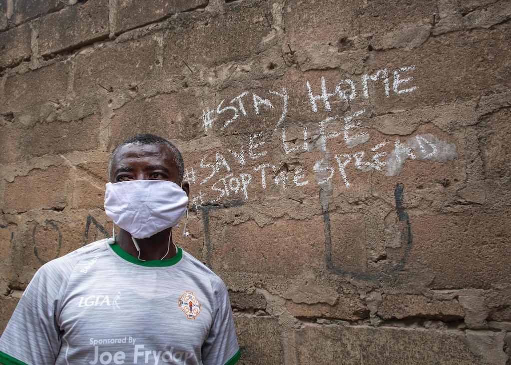 A bag seller poses near his shop in Accra, Ghana, on April 20 after a partial lockdown was lifted. (Nipah Dennis/AFP/Getty Images)