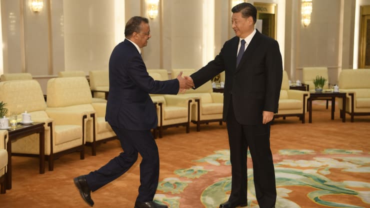 Tedros Adhanom, Director General of the World Health Organization, (L) shakes hands with Chinese President Xi Jinping before a meeting at the Great Hall of the People, on January 28, 2020 in Beijing, China. Naohiko Hatta - Pool | Getty Images