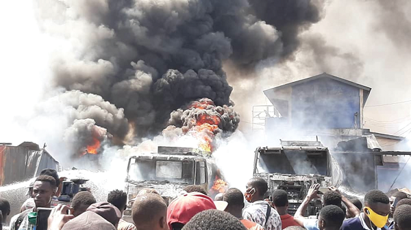 The scene of the explosion engulfed in billows of smoke at Apremdo