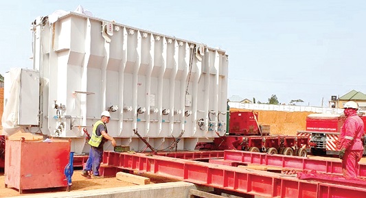 One of the 145 MVA transformers on a low-bed trailer waiting to be offloaded at the Pokuase BSP