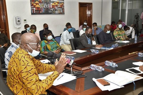 Mr Joseph Kofi Adda, Minister of Aviation, addressing the press on the LCB contract and disinfection of airports. Picture: EBOW HANSON  