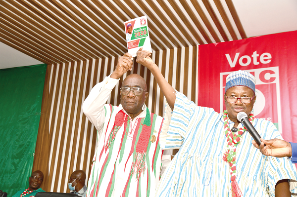  Mr David Apasera (right) and Pastor Dr Divine Ayivor jointly launching their party’s manifesto Picture: EBOW HANSON 