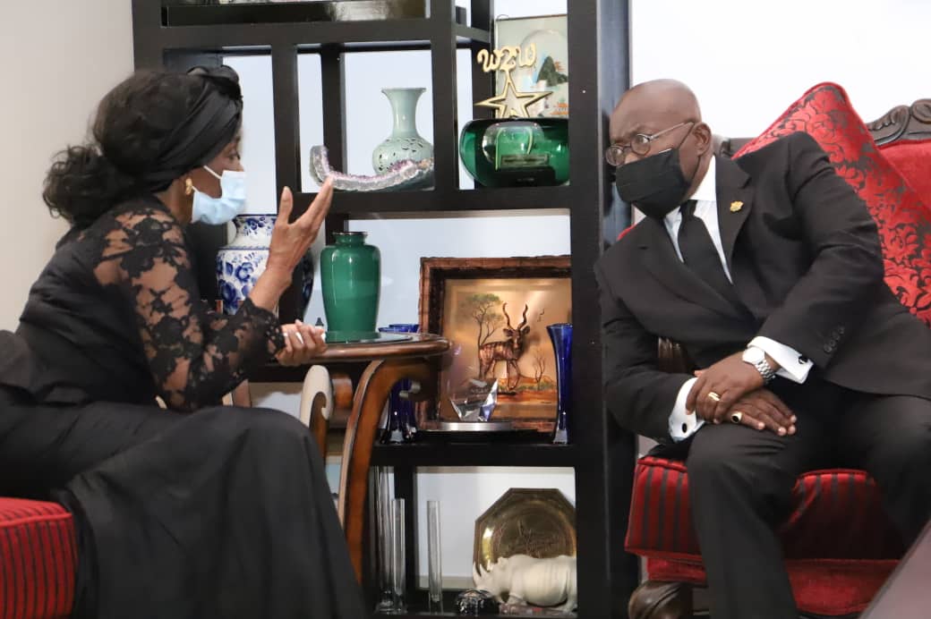  President Nana Addo Dankwa Akufo-Addo interacting with Nana Konadu Agyeman-Rawlings, former First Lady, at her Ridge residence. Picture: SAMUEL TEI ADANO