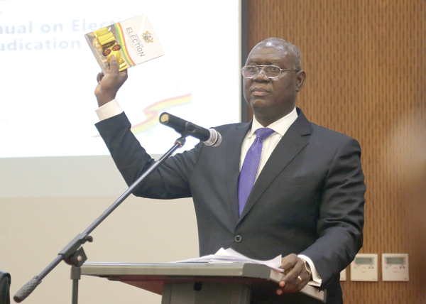 Justice Anin Yeboah, the Chief Justice, launching the manual on election adjudication in Accra yesterday. Picture: NII MARTEY M. BOTCHWAY
