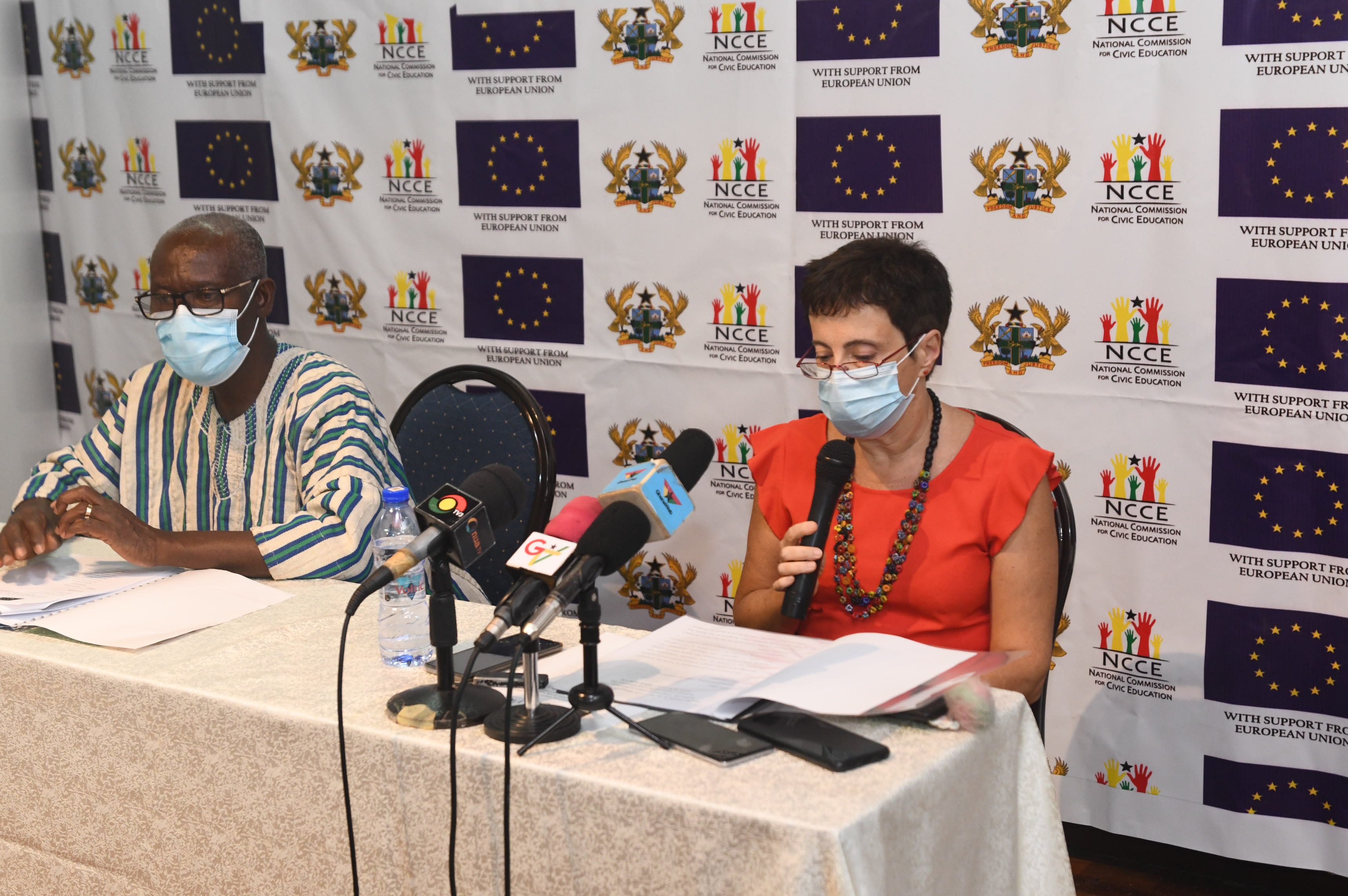 Ms Diana Acconcia, the Head of the EU Delegation to Ghana, speaking at the event. With her is Mr Samuel Asare Akuamoah, the Deputy Chairman of the NCCE